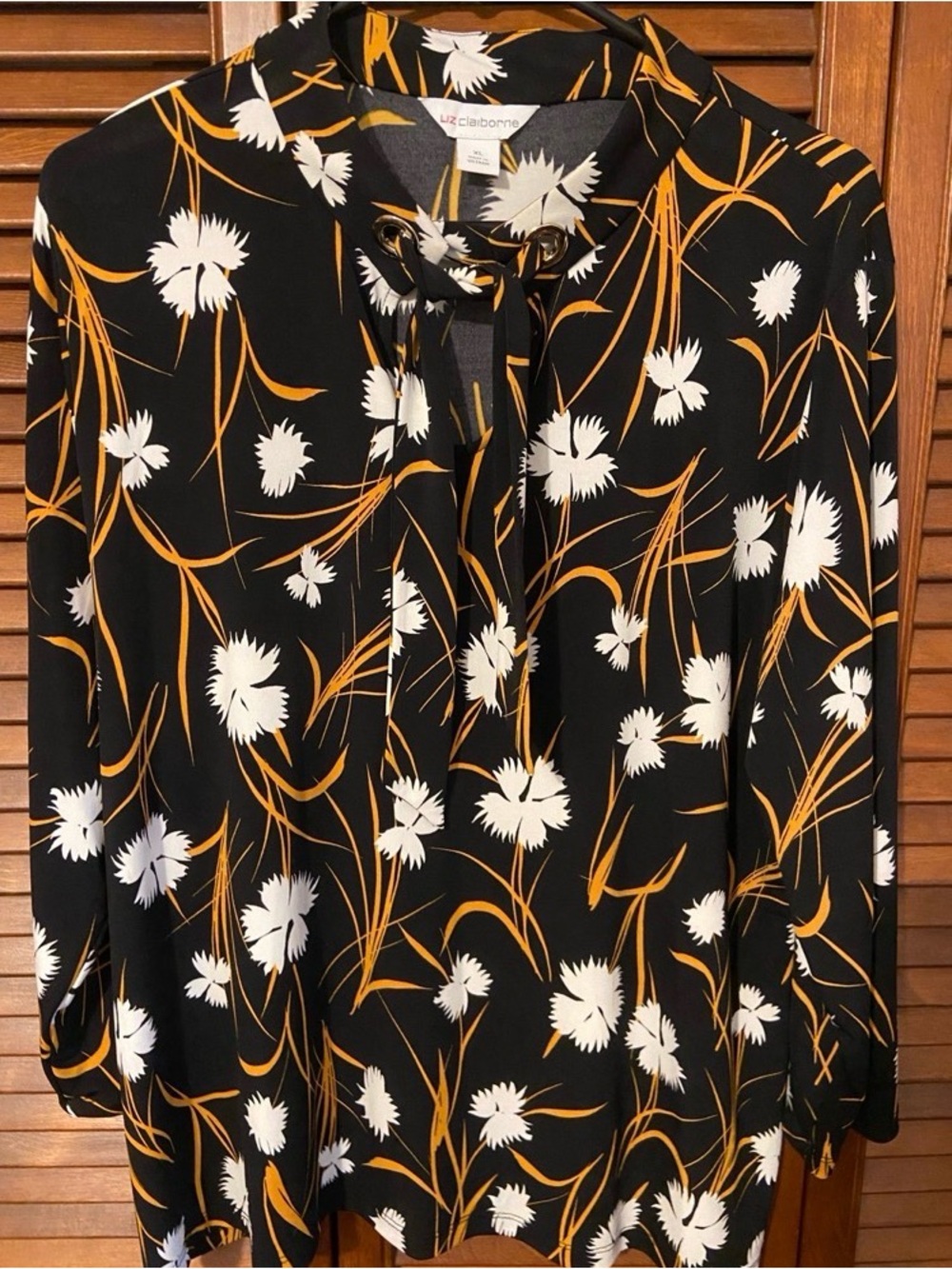 Liz Claiborne Black Floral Tie-Neck Blouse with White & Mustard Print - Picture 2 of 3